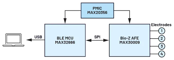 Figura 5. Diagrama de bloques de un sistema de medición de bioimpedancia con los MAX32666, MAX20356 y MAX30009.